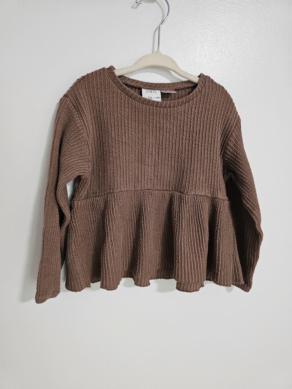 🧸2/20$ Zara 3-4T Girl Ribbed Peplum Sweater Top Brown